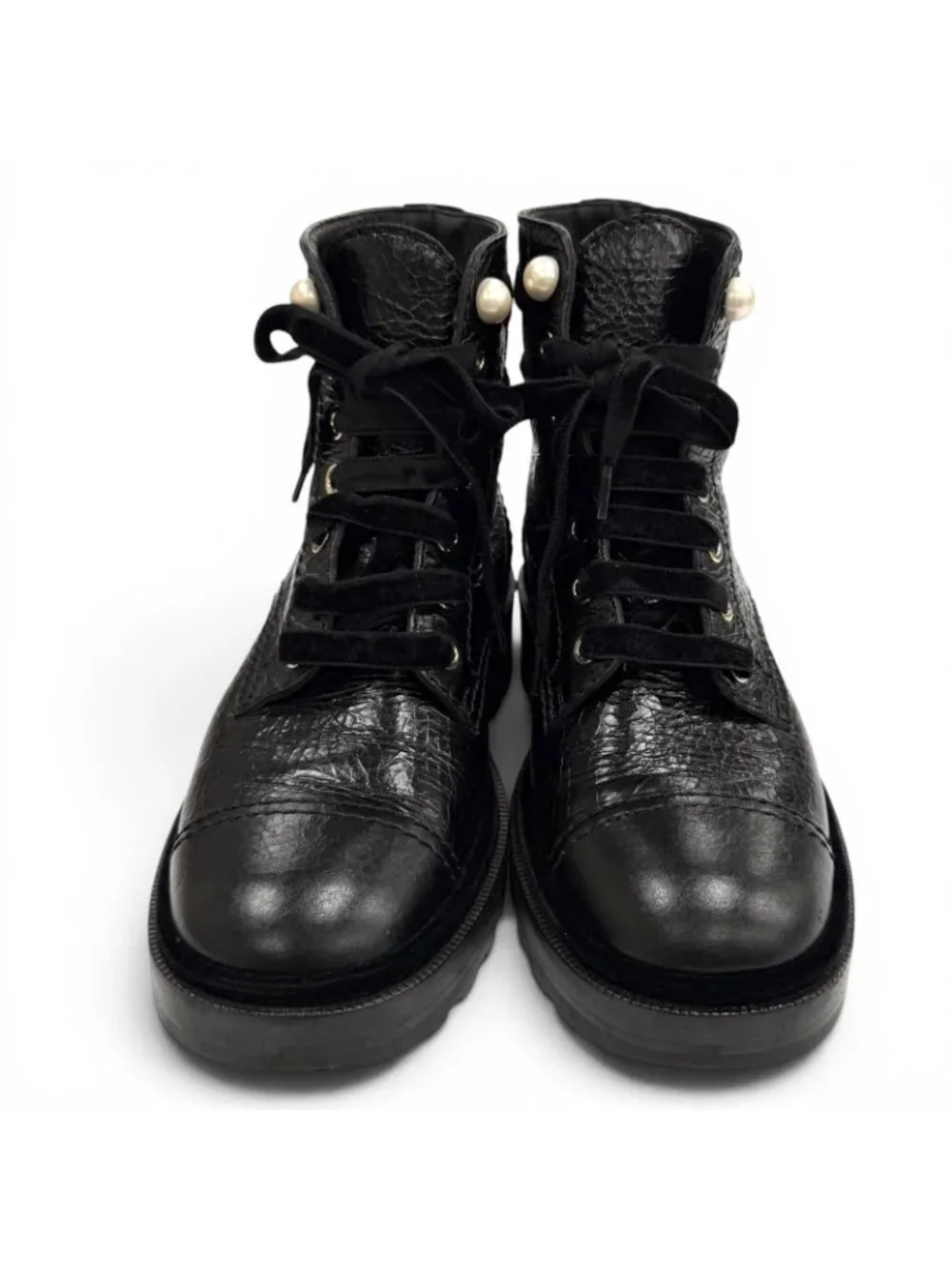 Chanel CC Logo Lace Up Leather Engineer Boots Black 36 with Faux Pearl